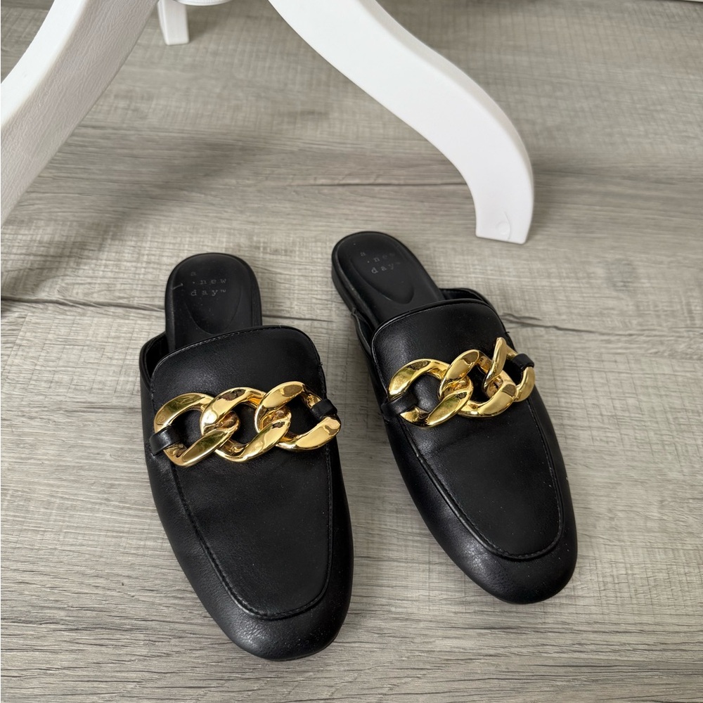 Black Mules with Gold Chain Detail